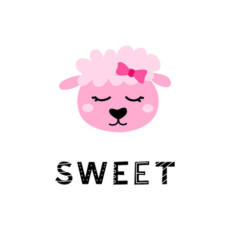 Cute hand drawn illustration with sheep face and lettering sweet isolated on white background.のイラスト素材
