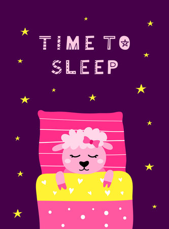 Poster with scandinavian lettering and doodle sleeping sheep in bed with pillow, blanket.のイラスト素材