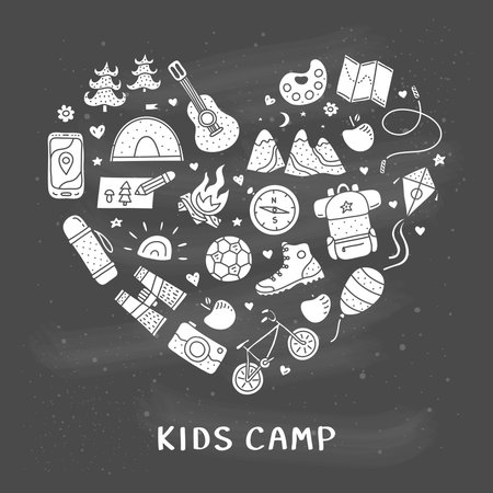Cute doodle kids camp, outdoor icons composed in heart shape.のイラスト素材