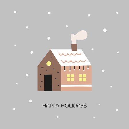 Cute postcard with winter decorated house, Christmas lights and snowfall in modern cartoon style isolated on white background. happy new year illustration.のイラスト素材