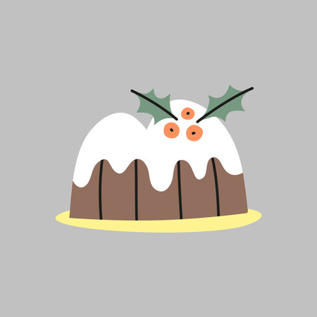 Doodle glazed bundt or flan cake with Christmas decor mistletoe isolated on gray background.のイラスト素材