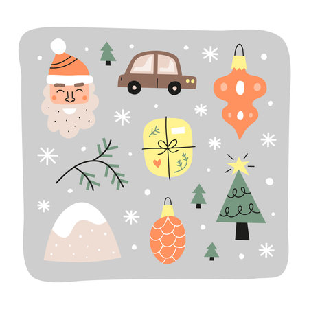Cute postcard with Christmas and winter icons incluing santa s face, car, toy, ball, present box, pine twig, fir tree, mountain in modern cartoon style. happy holidays illustration.のイラスト素材