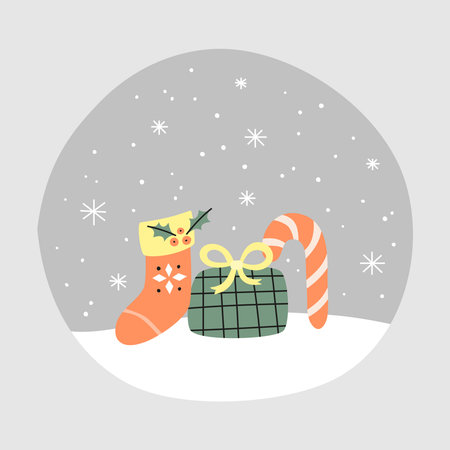 Cute postcard with Christmas sock, present box, candy cane and snowfall in modern cartoon style isolated on gray background. happy new year illustration.のイラスト素材