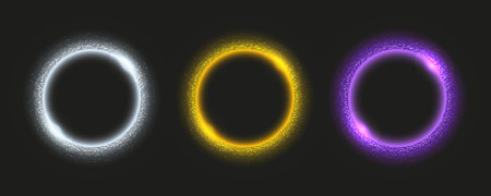 Set of bright circle frames with luminous particles and sparks isolated on black background. Space for text. Glowing stardust light effect on dark. vector illustration.のイラスト素材