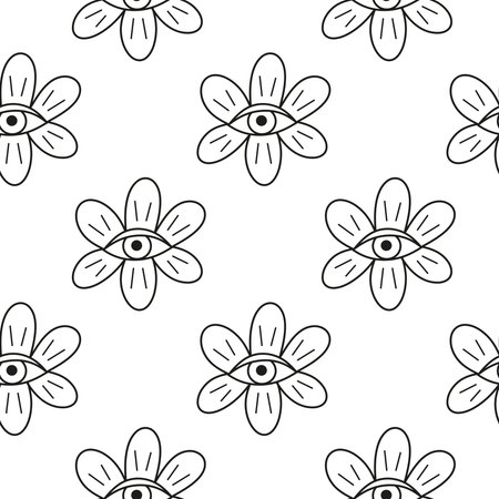 Black and white seamless pattern with boho flowers, evil eyes. Celestial wrapping paper.のイラスト素材