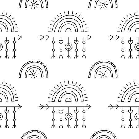 Cute black and white seamless pattern with Scandinavian rainbows, arrows, hearts, sun for kid clothing, baby shower, Valentine's day, scrapbooking.のイラスト素材