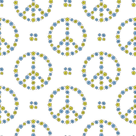 Seamless pattern with floral peace signs composed from flowers in colors of Ukraine. Psychedelic background.のイラスト素材