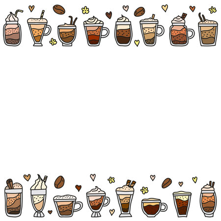 Poster with doodle colored coffee drinks and white background.のイラスト素材
