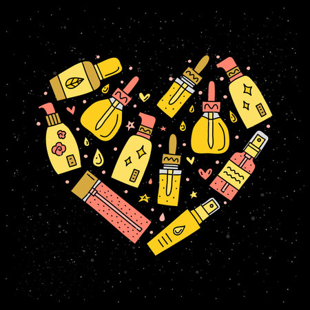 Doodle colored skin care serum, ampoule and essence bottles composed in heart shape.のイラスト素材