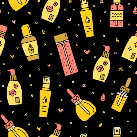 Seamless pattern with doodle colored skin care serum, ampoule, essence bottles.のイラスト素材