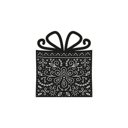 Doodle black present box with ornament in Scandinavian folk art style isolated on white background.のイラスト素材