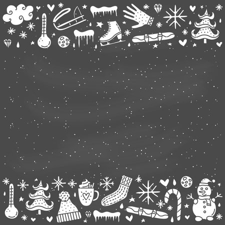 Poster with cute doodle winter icons and symbols around.のイラスト素材