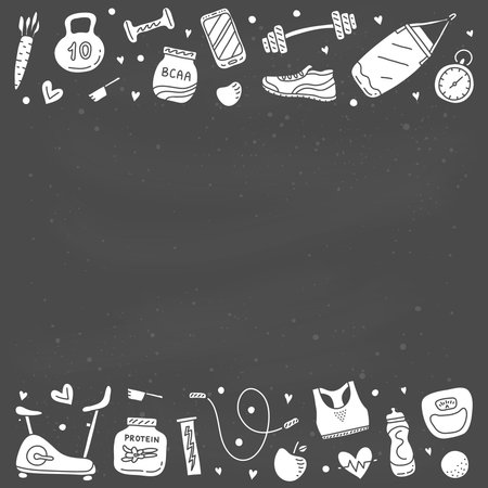 Poster with gym and fitness icons on the blackboard.のイラスト素材