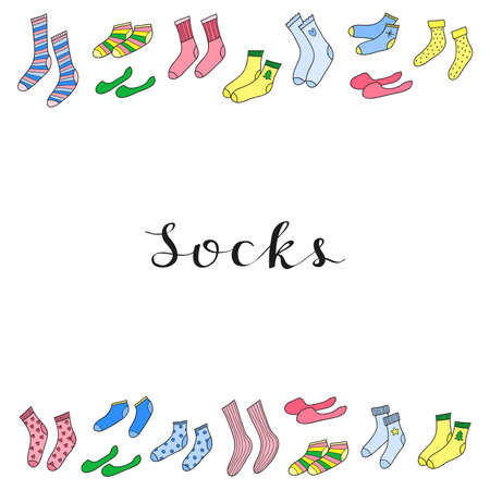 Poster with colored doodle socks and space for text.のイラスト素材