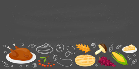 Blackboard background with outline, colorful doodle Thanksgiving icons and space for text.のイラスト素材