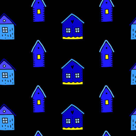 Dark seamless pattern with doodle blue houses in scandinavian style.のイラスト素材