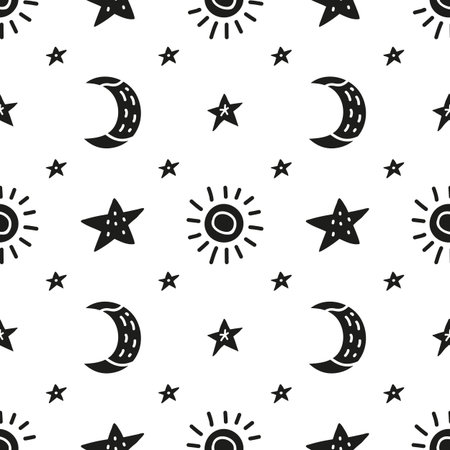 Black and white seamless pattern with doodle stars, moon and sun icons.のイラスト素材