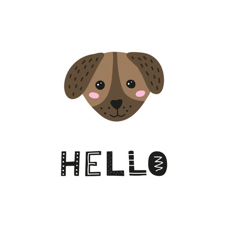 Cute hand drawn illustration with puppy face and lettering hello isolated on white background.のイラスト素材