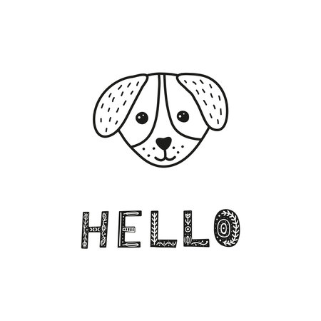 Cute hand drawn illustration with puppy face and lettering isolated on white background.のイラスト素材
