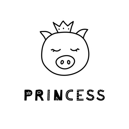 Cute hand drawn illustration with piggy face and lettering princess isolated on white background.のイラスト素材
