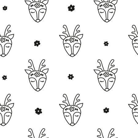 Black and white seamless pattern with doodle outline deer faces and flowers.のイラスト素材