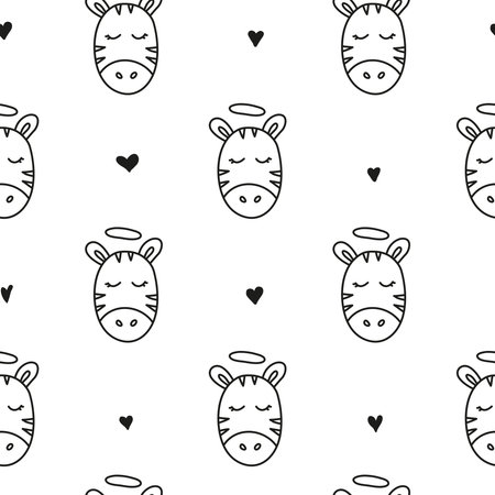 Black and white seamless pattern with doodle outline zebra faces and hearts.のイラスト素材