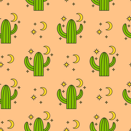 Boho seamless pattern with hand drawn celestial cactuses and crescent moon, stars. Bohemian background.のイラスト素材