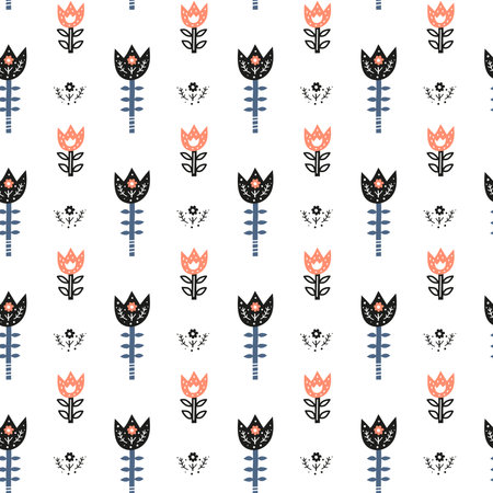 White seamless pattern with doodle black, pink, blue flowers in Scandinavian folk art style. Floral scandi background.のイラスト素材
