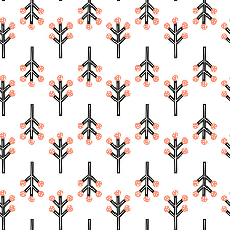 White seamless pattern with doodle berries in Scandinavian folk art style. Botanical scandi background.のイラスト素材