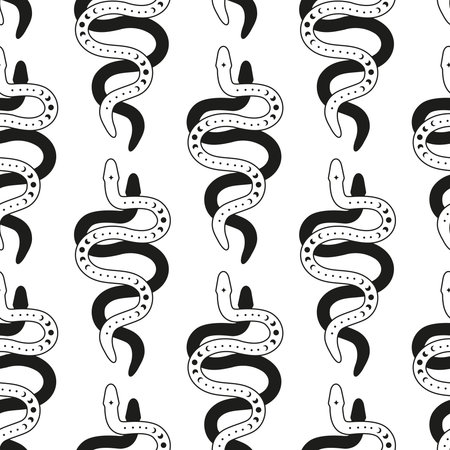 Seamless pattern with black and white boho celestial snakes and moon phases.のイラスト素材