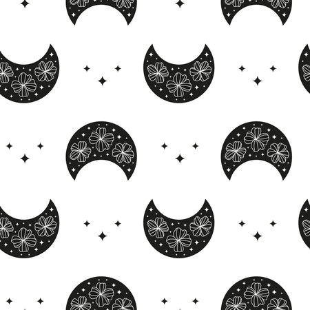 Black and white boho seamless pattern with crescent, stars and wildflowers. Bohemian modern background. Celestial wrapping paper.のイラスト素材