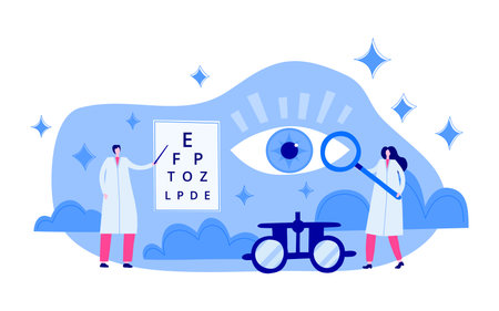 eye check up. Ophthalmologist checks eyesight. vision care. eye sight examination. Ophthalmology scene with people. Doctors man and woman characters. Oculist or optometrist with magnifying loupe.のイラスト素材