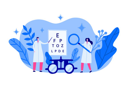 vision correction. Concept of eye health care. Doctors man and woman characters. Ophthalmology scene with people. eye sight examination. Oculist or optometrist with magnifying loupe.のイラスト素材