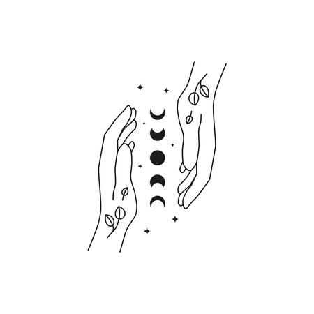 Hand drawn witch hands and moon phases, stars, leaves isolated on white background. Celestial boho illustration. mystical design.のイラスト素材