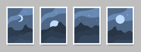 Starry night mountain landscape cover posters in blue colors. Contemporary contemporary backgrounds. Minimal aesthetic wallpapers.のイラスト素材