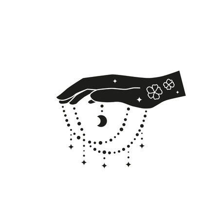 Hand drawn witch hand holding beads, crescent moon, stars isolated on white background. Celestial boho illustration. mystical design.のイラスト素材