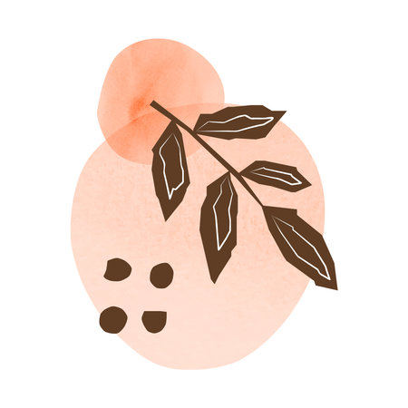 Contemporary boho minimal poster with watercolor shapes in pastel colors and leafy branch isolated on white background. Modern mid century card. aesthetic collage illustration.のイラスト素材