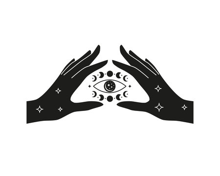 Hand drawn female hand holding third eye and moon phases around isolated on white background. Celestial boho illustration. Witch design.のイラスト素材