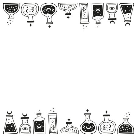 Background with hand drawn black magic potions in glass bottle and leafy branches, evil eye, stars, planets, moon and space for text. Alchemy Flasks. Boho mystical illustration.のイラスト素材