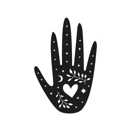 Black celestial witchy hand with leafy twigs, heart, crescent moon and stars isolated on white background. Mystical boho illustration.のイラスト素材