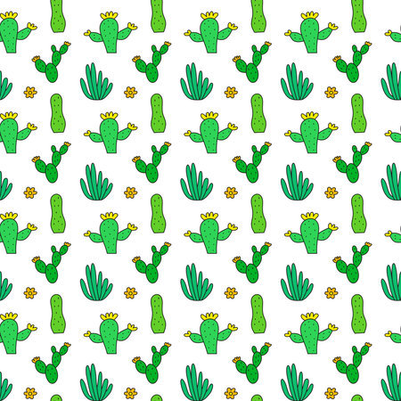 White seamless pattern with cute doodle green cactuses and aloe.