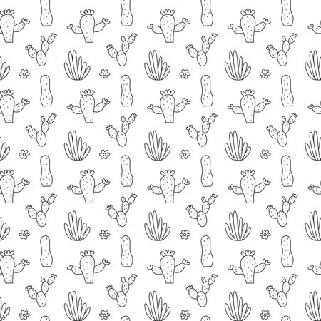 Black and white seamless pattern with cute doodle outline cactuses, aloe.