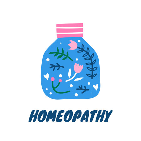 Colorful scandinavian doodle medical bottle with floral ornament, flowers, leaves, herbs isolated on white background. Perfect for posters, cards, banners, prints. Alternative medicine and homeopathy.のイラスト素材
