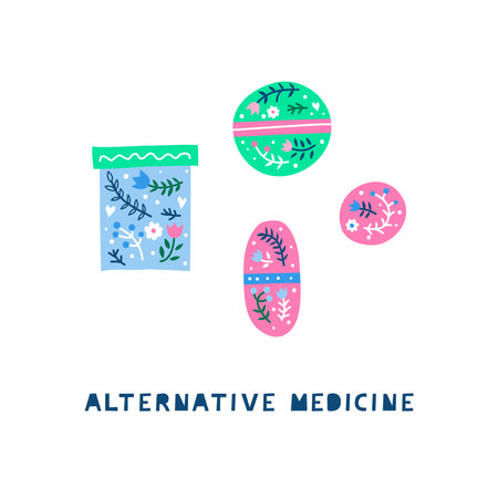 Colorful scandinavian doodle medical bottle, pills, tablets with floral ornament, flowers, herbs isolated on white background. Perfect for posters, cards, banners. Alternative medicine and homeopathy.のイラスト素材