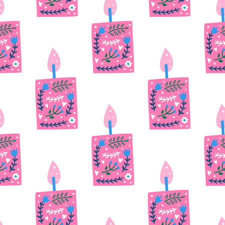 White seamless pattern with colorful doodle candles and Scandinavian floral ornament.のイラスト素材