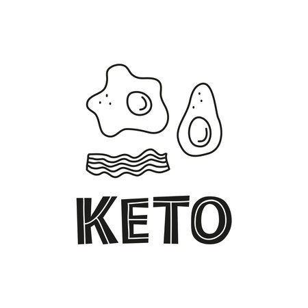 Doodle outline fried egg, bacon, avocado and lettering keto isolated on white background. Low carbs, high fats ketogenic diet.のイラスト素材