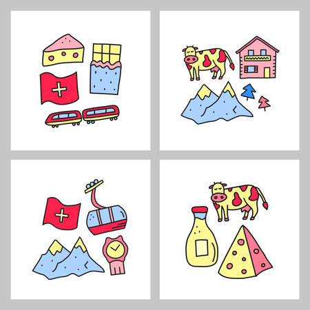 Groups of doodle colored Switzerland travel icons including cheese, chocolate, cable car, train, cow, Alpine mountains, house chalet, milk, flag, watch isolated on white background.のイラスト素材