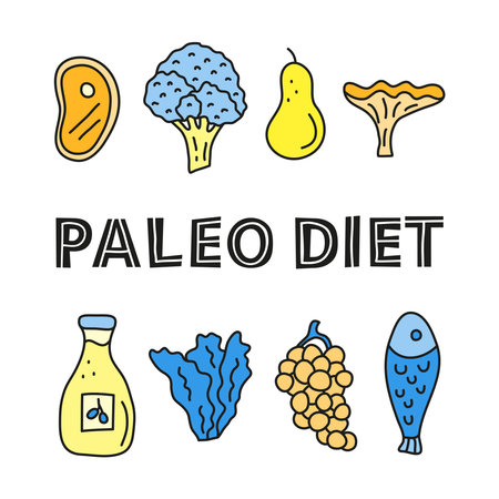 Poster with lettering paleo and doodle colored foods including meat steak, broccoli, pear, chanterelle mushroom, olie oil, leafy salad, grape, fish isolated on white background.のイラスト素材