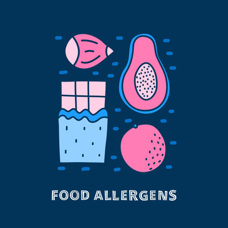 Group of doodle colorful food allergens icons including chocolate, hazelnut, papaya, orange fruit isolated on dark background.のイラスト素材