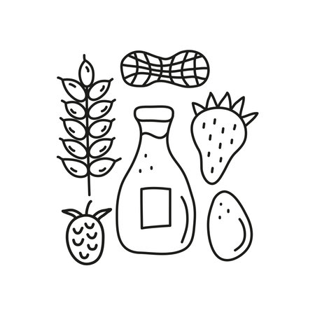 Group of doodle outline food allergens including wheat, raspberry, peanut, milk in bottle, strawberry, egg isolated on white background.のイラスト素材